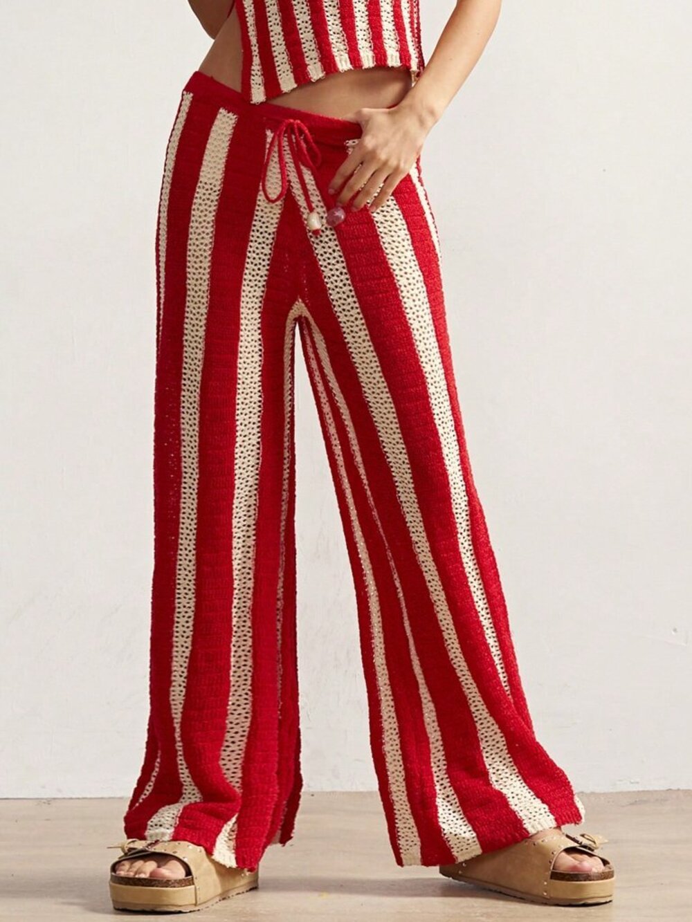 Red Casual Women's Boho Striped Wide Leg Knit Pants - Picture 5 of 8